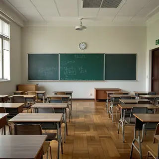 A classroom with desks and a chalkboard but no students