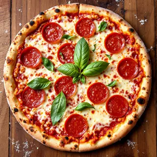 A pepperoni pizza with tomato sauce, basil, and crust but ab