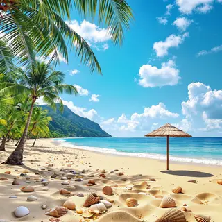 A sandy beach with palm trees, seashells, and a beach umbrel
