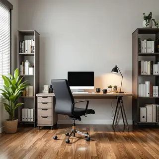 An office workspace with a desk, chair, bookshelf, and lamp 
