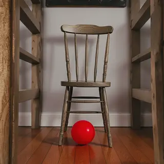 A red ball underneath a wooden chair