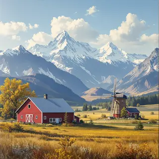 A landscape with a red barn in the foreground at large scale