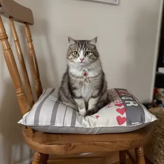 A cat sitting on a pillow, the pillow placed on a wooden cha