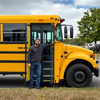 A person standing next to a yellow school bus, showing reali