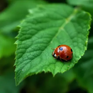 A ladybug sitting on a large green leaf, shown at realistic 