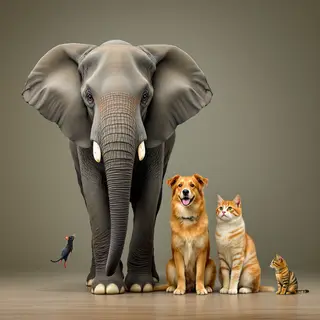A group photo of an elephant, a horse, a dog, a cat, and a m
