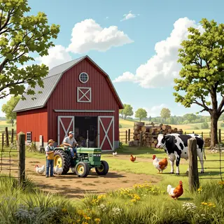 A farm scene with a barn, tractor, farmer, cow, chicken, and