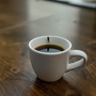 A tiny person standing on the rim of a coffee cup, looking d