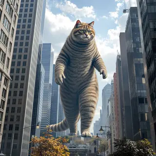 A giant tabby cat walking between city skyscrapers like a ka