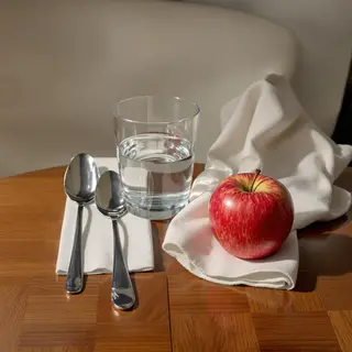 A still life on a wooden table featuring a clear glass of wa