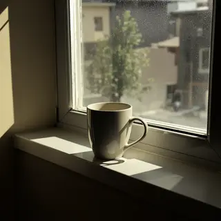 A coffee mug on a sunny windowsill casting a sharp shadow to