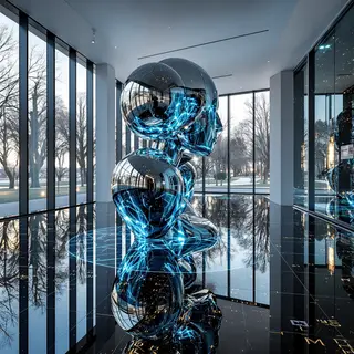 A chrome sculpture in a room with a glass floor and large wi