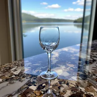 A crystal wine glass on a polished marble counter next to a 