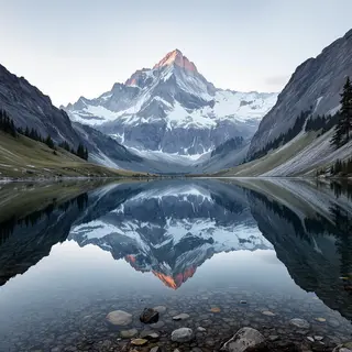 A mountain range reflected in a still alpine lake, with the 