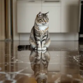 A cat sitting on a polished marble floor with its reflection
