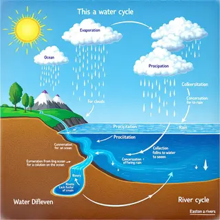 A detailed diagram of the water cycle showing evaporation fr