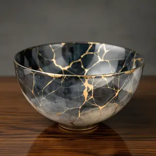 A Japanese kintsugi bowl — cracked ceramic repaired with vis