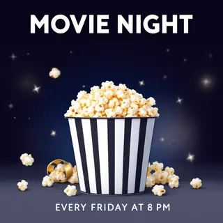 A movie night poster with a large popcorn image in the cente