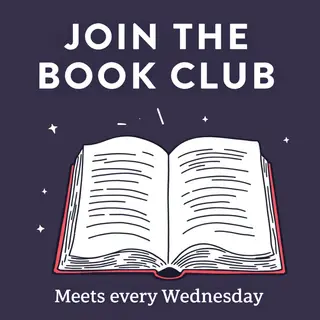 A book club poster with an open book illustration, the title