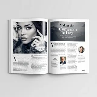 A magazine double-page spread with a left page containing a 