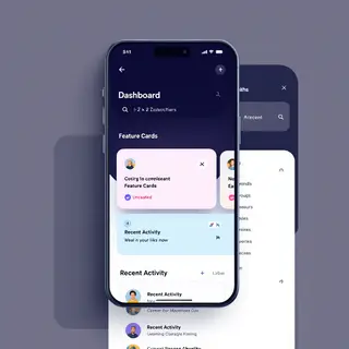 A mobile app UI mockup showing a dashboard with a top naviga