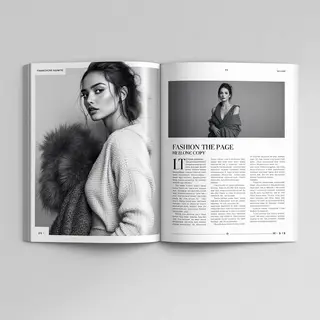 A fashion magazine spread with a full-bleed left-page photo,