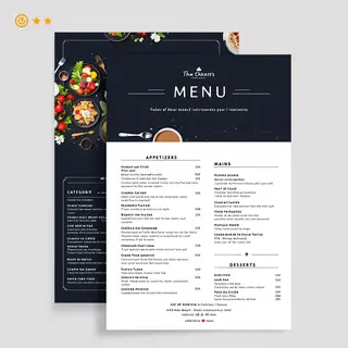 A restaurant menu layout with a logo header, three category 
