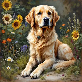 A golden retriever sitting in a garden, painted in the style