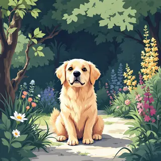 A golden retriever sitting in a garden, rendered in Japanese