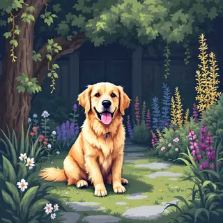 A golden retriever sitting in a garden, rendered in pixel ar
