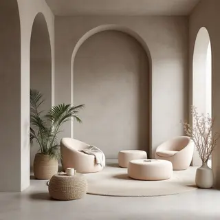 An interior scene rendered in soft brutalism — raw concrete 