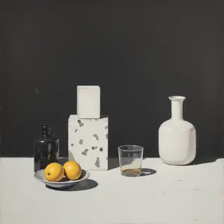 A still life painted in anxious minimalism — sparse composit