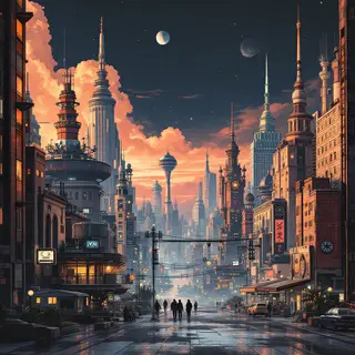 A cityscape rendered in nostalgic futurism — retro-futuristi
