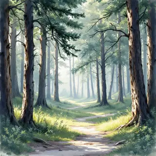 A forest rendered in photorealistic watercolor — the detail 