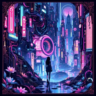 A woman in a futuristic city rendered in cyberpunk Art Nouve
