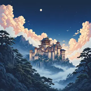 A medieval castle depicted in Japanese ukiyo-e woodblock pri