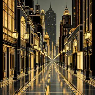 A city street scene in the style of Art Deco — geometric sha