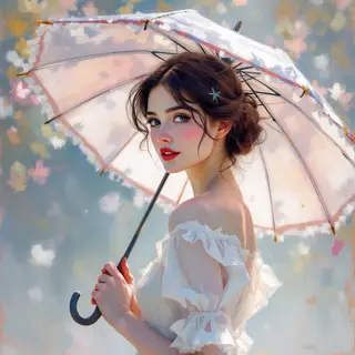 A woman with a parasol in the style of Impressionism — soft 