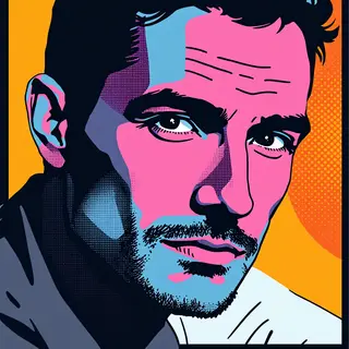 A portrait of a man in Pop Art style — bold outlines, Ben-Da