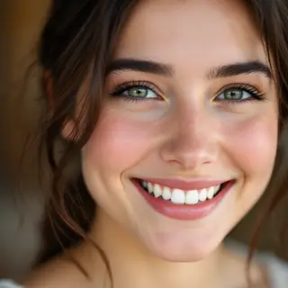 A close-up portrait of a young woman with a warm natural smi