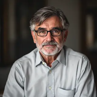 A portrait of a middle-aged man with a calm, serious express