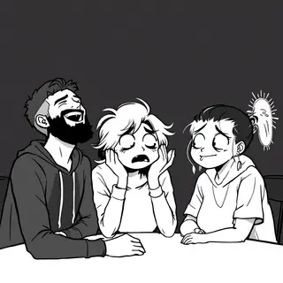A group of three friends at a table: one laughing with head 