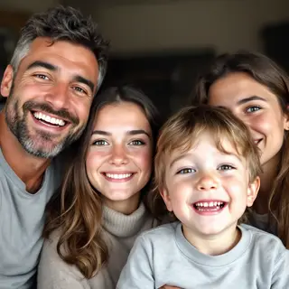 A family photo with four people: a father beaming with pride