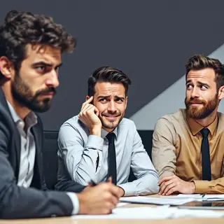 Three coworkers in a meeting: one looking frustrated with fu