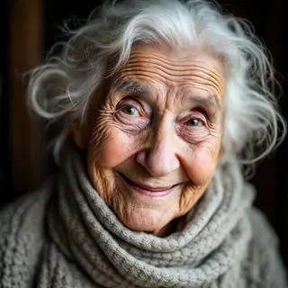 An elderly woman in her 80s with deep wrinkles and white hai