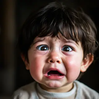 A 5-year-old child with round cheeks and large eyes, crying 