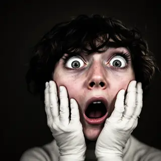 A portrait capturing genuine surprise — raised eyebrows, wid