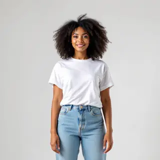 A woman standing upright in a relaxed pose, arms at her side