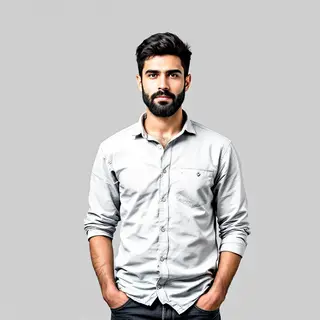 A man standing straight facing the camera, hands in pockets,