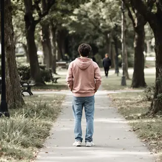 A person standing in a neutral pose in a park, full body vis